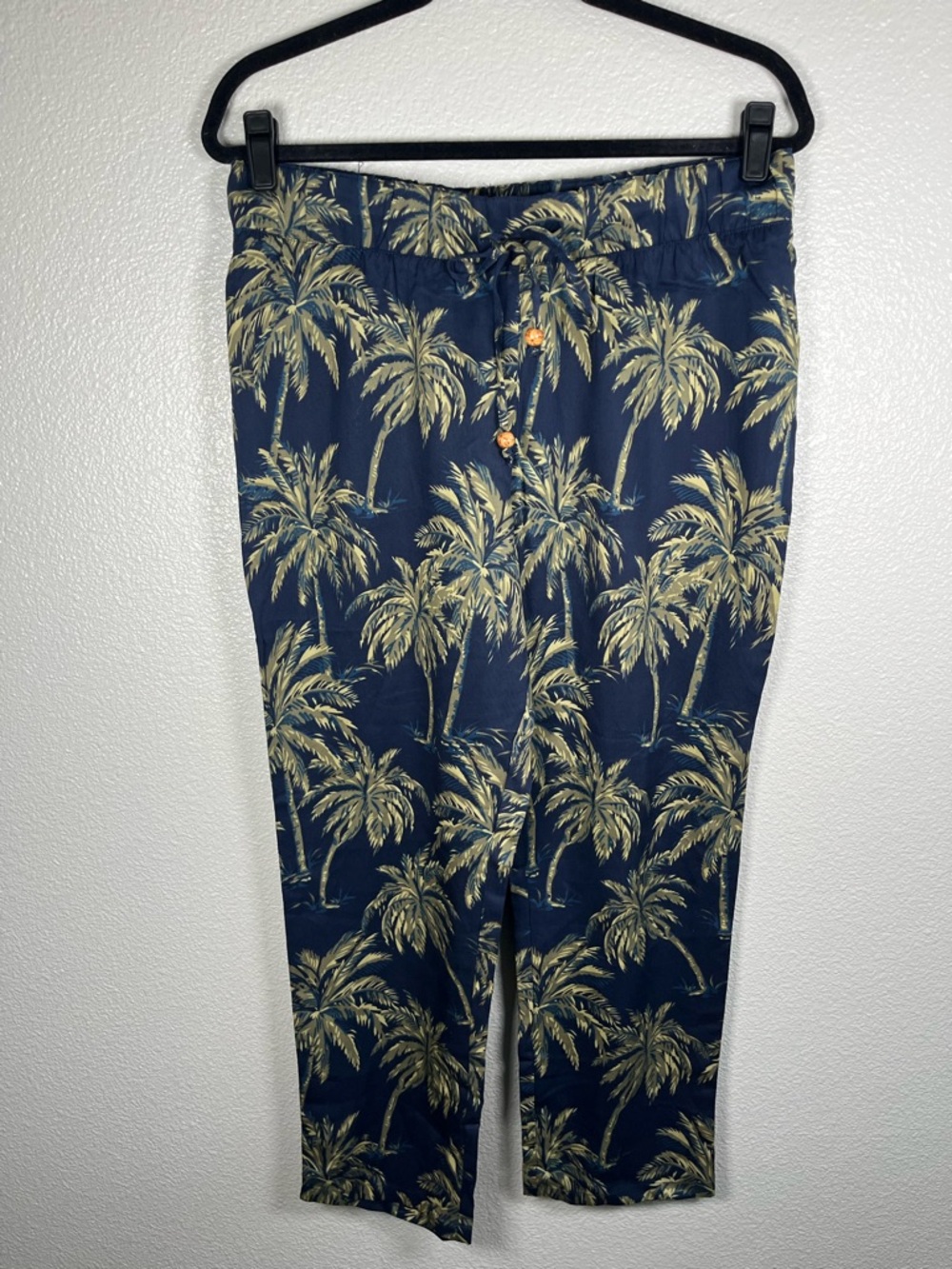 Soft Surroundings Tropical Palm Tree Wide-Leg Casual Pull-On Pants Navy Green PM - Picture 2 of 9